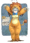  animal_costume arms_up artist_name blue_neckwear bow bowtie character_name closed_mouth commentary emphasis_lines eyebrows_visible_through_hair frown full_body grey_hair japari_symbol kemono_friends lion_costume mascot nyororiso_(muyaa) outside_border partially_translated playground_equipment_(kemono_friends_pavilion) rounded_corners shoebill_(kemono_friends) signature solo standing translation_request yellow_eyes 
