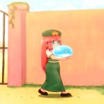  blue_eyes braid carrying commentary_request day gate green_skirt hat hong_meiling long_hair long_skirt outdoors puffy_short_sleeves puffy_sleeves red_hair shirosato short_sleeves skirt skirt_set slime touhou walking wall 