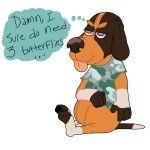  2017 3_toes 4_fingers animal_crossing anthro biped black_pawpads blep bottomless brown_body brown_nose brown_tail butch_(animal_crossing) camo canine clothed clothing digital_drawing_(artwork) digital_media_(artwork) dipstick_tail dog english_text featureless_crotch fingerless_(marking) front_view full-length_portrait gloves_(marking) gogarty half-closed_eyes hand_on_stomach hindpaw humanoid_hands male mammal markings multicolored_body multicolored_tail nintendo orange_body pawpads paws pink_tongue portrait shirt simple_background sitting smile socks_(marking) solo text thinking thought_bubble toeless_(marking) toes tongue tongue_out toony two_tone_tail video_games white_background white_body white_eyes white_tail 