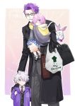  2boys bespectacled carrying child child_carry contemporary dress fate/grand_order fate_(series) father_and_daughter father_and_son fou_(fate/grand_order) fujiyama999 galahad_(fate) glasses hair_over_one_eye lancelot_(fate/grand_order) lavender_hair mash_kyrielight multiple_boys plaid purple_eyes purple_hair school_uniform short_hair themed_object white_hair yellow_eyes younger 