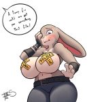  2018 anthro belt big_breasts blush breasts buckteeth clothed clothing dialogue digital_media_(artwork) disney english_text female freckles_(artist) judy_hopps lagomorph long_ears mammal navel nipple_tape open_mouth pants pasties pink_nose purple_eyes rabbit short_stack signature simple_background solo tape teeth text topless unseen_character white_background zootopia 
