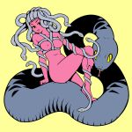  akairiot barefoot black_eyes breasts commentary feet gorgon hand_on_leg highres legs looking_to_the_side medium_breasts nipples nude original pink_skin sitting snake thighs tongue tongue_out yellow_background yellow_sclera 