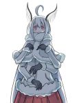  4139 ahoge antennae black_gloves capelet coat commentary fur-trimmed_capelet fur-trimmed_coat fur_trim gloves hair_between_eyes monster_girl moth_girl multiple_arms original pleated_skirt red_eyes red_skirt simple_background skirt smile solo white_background white_hair 