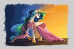  2016 clothed clothing crown digital_media_(artwork) digital_painting_(artwork) dress equine eyelashes feathered_wings feathers female feral flower flower_in_hair folded_wings friendship_is_magic fully_clothed hair hi_res horn long_hair long_horn looking_back mammal multicolored_hair my_little_pony plainoasis plant portrait princess_celestia_(mlp) purple_eyes rainbow_hair raised_leg royalty smile solo standing star white_feathers winged_unicorn wings 