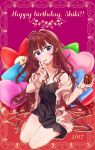  2017 absurdres black_dress blue_eyes blush breasts brown_hair character_name cleavage commentary cupcake dress earrings food happy_birthday head_tilt heart heart_pillow highres holding holding_food ichinose_shiki idolmaster idolmaster_cinderella_girls idolmaster_cinderella_girls_starlight_stage jewelry labcoat lipstick long_hair looking_at_viewer makeup nail_polish necklace ohkamisuzu pillow red_lipstick red_nails solo spaghetti_strap ueki-chan wavy_hair 