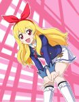  :d aikatsu! aikatsu!_(series) blonde_hair blue_jacket blush boots bow commentary eyebrows_visible_through_hair hair_between_eyes hair_bow hairband hoshimiya_ichigo jacket leaning_forward long_hair looking_at_viewer open_mouth pink_background red_eyes school_uniform shiitake_urimo shiny shiny_hair shiny_skin skirt smile solo starlight_academy_uniform white_skirt 