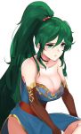  1girl adapted_costume alternate_costume bare_shoulders blue_dress blush breasts brown_detached_sleeves choker cleavage detached_sleeves dress female fire_emblem fire_emblem:_rekka_no_ken fire_emblem_heroes green_eyes green_hair hair_between_eyes hair_ornament high_ponytail highres jewelry large_breasts looking_down lyndis_(fire_emblem) necklace nintendo ormille parted_lips pelvic_curtain ponytail side_slit simple_background solo strapless strapless_dress thighs very_long_hair white_background 