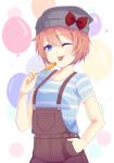  ;p absurdres artist_name balloon blue_eyes bow candy commentary doki_doki_literature_club english_commentary food gomi_(gomiko_art) hair_between_eyes hand_in_hair hat hat_bow highres light_brown_hair lollipop looking_at_viewer one_eye_closed overalls sayori_(doki_doki_literature_club) shirt short_hair short_sleeves solo striped striped_shirt tongue tongue_out 