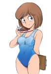  1girl artist_request blue_eyes brown_hair cleavage mai_machiko maicching_machiko-sensei one-piece_swimsuit short_hair swimsuit teacher whistle 