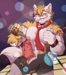  2018 abs alcohol alternate_version_at_source animal_genitalia animal_penis anthro balls barbed_penis beverage biceps big_balls blush bottle bulge cat chest_tuft claws clothed clothing digital_media_(artwork) dipstick_tail ear_piercing erection feline fluffy fluffy_tail fur glans grin hair heterochromia holding_object huge_balls inside male mammal multicolored_fur multicolored_tail muscular muscular_male myiko necktie nipples open_pants orange_fur pants pecs penis piercing pink_nose pouring shorts smile smirk solo spotlight standing teeth topless torn_clothing torn_pants tuft two_tone_fur utau vein waltt white_fur wine wine_glass wristband 