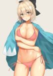  ahoge bangs bikini black_bow blonde_hair blush body_mahattaya_ginga bow breasts cleavage closed_mouth collarbone commentary eyebrows_visible_through_hair fate/grand_order fate_(series) hair_between_eyes hair_bow half_updo haori hips japanese_clothes koha-ace large_breasts looking_at_viewer navel okita_souji_(fate) okita_souji_(fate)_(all) parted_lips pink_bikini short_hair side-tie_bikini simple_background smile solo swimsuit thighs wide_sleeves yellow_eyes 