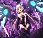  ahoge bare_shoulders black_gloves black_legwear black_leotard breasts center_opening cleavage cloud commentary_request elbow_gloves electricity gloves glowing hair_ornament leg_up leotard long_hair mechanical_wings navel noa_(nagareboshi) open_mouth original red_eyes sky smile solo standing standing_on_one_leg strapless strapless_leotard sword thighhighs very_long_hair weapon white_hair wings 