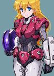  2070 absurdres armor barcode blonde_hair blue_eyes body_armor bodysuit commentary_request damaged dirty emblem gloves headwear_removed helmet helmet_removed highres houquet_et_rose insignia kikou_souseiki_mospeada legioss long_hair looking_at_viewer mecha mercy_rabbit mospeada power_armor redesign reflection shiny simple_background solo when_you_see_it 