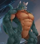  2017 5_fingers abs aegis anthro biceps big_muscles claws dragon everquest fangs featureless_crotch front_view green_scales hi_res horn huge_muscles iksar lizardman_(spar) male muscular muscular_male nude obliques pecs reptile scales scalie signature solo standing teeth triceps vein video_games waddledox yellow_eyes 