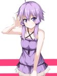  arm_up bangs bare_arms bare_shoulders blush closed_mouth collarbone commentary_request criss-cross_halter dress eyebrows_visible_through_hair hair_between_eyes halterneck kohakope long_hair purple_dress purple_eyes purple_hair short_dress smile solo vocaloid voiceroid yuzuki_yukari 