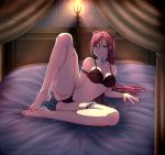  akasha_bloodriver barefoot black_bow bow bra bracelet breasts choker green_eyes jewelry jyu_ichi lingerie long_hair looking_at_viewer medium_breasts nail_polish navel on_bed open_mouth panties pink_hair ponytail red_nails rosario+vampire smile solo spread_legs stomach underwear very_long_hair 