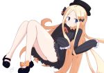  abigail_williams_(fate/grand_order) ass bangs black_bow black_dress black_footwear black_hat blonde_hair blue_eyes blush bow bug butterfly closed_mouth commentary_request dress eyebrows_visible_through_hair fate/grand_order fate_(series) forehead hair_bow hat insect kujou_karasuma long_hair long_sleeves looking_at_viewer mary_janes orange_bow parted_bangs polka_dot polka_dot_bow shoes signature simple_background sleeves_past_fingers sleeves_past_wrists solo very_long_hair white_background 