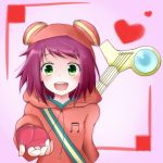  1girl bangs blush capcom eyebrows_visible_through_hair fingerless_gloves green_eyes heart hibiki_misora musical_note open_mouth pink_gloves portrait purple_hair reaching_out rockman ryuusei_no_rockman short_hair smile solo teeth 