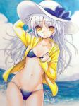  :3 angel_beats! bikini blue_bikini blue_sky cloud cowboy_shot day hat highres hood hooded_jacket hoodie jacket long_hair navel outdoors shiroabe silver_hair sky solo sun_hat swimsuit tenshi_(angel_beats!) traditional_media white_hat yellow_eyes yellow_jacket 