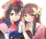  2girls android beret blunt_bangs blush brown_hair butterfly_hair_ornament byte_(grunty-hag1) capcom eyebrows_visible_through_hair female fringe gloves green_eyes hair_between_eyes hair_ornament hand_holding hat iris_(rockman_exe) iris_(rockman_x) long_hair looking_at_viewer multiple_girls one_eye_closed red_hat rockman rockman_exe rockman_exe_6 rockman_x rockman_x4 sidelocks smile white_gloves 