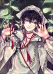  akgi black_background black_hair brown_eyes coat commentary_request grin hakutaku_(hoozuki_no_reitetsu) hoozuki_no_reitetsu jewelry long_sleeves looking_at_viewer male_focus necklace open_clothes open_coat pearl_necklace plant red_string shirt smile solo string white_shirt 