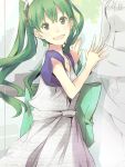  :d bangs casual commentary_request dress green_eyes green_hair grey_dress hair_ornament hatsune_miku long_hair looking_at_viewer open_mouth short_sleeves smile solo twintails vocaloid yoshito 