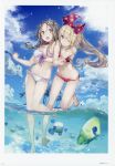  :d absurdres ass_visible_through_thighs atelier_(series) atelier_firis barefoot bikini blonde_hair blue_eyes bow braid breasts brown_hair cloud day firis_mistlud fish frilled_bikini frills front-tie_top green_eyes groin hair_bow highres hug hug_from_behind huge_filesize ilmeria_von_leinweber large_breasts long_hair lowleg lowleg_bikini multiple_girls navel ocean official_art one_eye_closed open_mouth partially_underwater_shot red_bikini scan side_braid sky small_breasts smile standing standing_on_one_leg swimsuit thigh_gap wading water water_drop white_bikini yuugen 