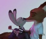  2018 andyourteeth anthro canine clothed clothing disney eyebrows eyes_closed female fox fur judy_hopps kissing lagomorph male male/female mammal nick_wilde rabbit simple_background size_difference smaller_female zootopia 