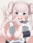  1girl anklet bane_(haibanemumi) barefoot bike_shorts blush breasts copyright_request eyebrows_visible_through_hair feet hair_bun highres image_sample jewelry long_hair looking_at_viewer open_mouth pink_hair pov pov_feet school_uniform serafuku soles toes twintails twitter_sample v 