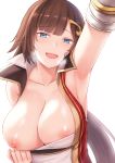  arm_up armpits blue_eyes breasts breath brown_hair cai_geng collarbone eyebrows_visible_through_hair granblue_fantasy hair_ornament large_breasts leona_(granblue_fantasy) long_hair nipples open_mouth ponytail simple_background smile solo upper_body white_background 
