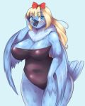  2018 absurd_res anthro avian beak big_breasts bird black_beak blonde_hair blue_eyes blush breasts cleavage clothed clothing feathered_wings feathers female hair hair_ribbon hi_res long_hair looking_at_viewer mleonheart non-mammal_breasts open_beak open_mouth owl ribbons simple_background solo wings 