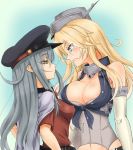  asymmetrical_docking black_hat blonde_hair blue_background blue_eyes breast_contest breast_press breasts commentary_request confrontation elbow_gloves eye_contact fingerless_gloves flat_cap front-tie_top frown gangut_(kantai_collection) gloves grey_hair hat height_difference highres iowa_(kantai_collection) jacket jacket_on_shoulders kantai_collection large_breasts long_hair looking_at_another medium_breasts military_jacket multiple_girls number nyasaku peaked_cap red_eyes red_shirt remodel_(kantai_collection) shirt smirk smug star star-shaped_pupils symbol-shaped_pupils upper_body white_gloves white_jacket 