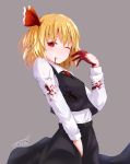 ;p baileys_(tranquillity650) black_skirt blonde_hair blood blood_from_mouth blood_on_face bloody_clothes bloody_hands commentary_request eyebrows_visible_through_hair grey_background hair_ribbon highres long_hair long_sleeves one_eye_closed red_eyes red_ribbon ribbon rumia short_hair signature simple_background skirt slit_pupils solo tongue tongue_out touhou 