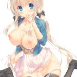  black_legwear black_ribbon blonde_hair blue_eyes blush breasts cleavage commentary_request cum cum_on_body cum_on_breasts cum_on_upper_body dress hair_ribbon large_breasts long_sleeves looking_at_viewer low_twintails mutsuno_hekisa nipples original ribbon solo thighhighs twintails 