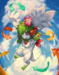  absurdres blue_sky cloud cloudy_sky commentary commission creature day directional_arrow english_commentary flower flying full_body green_hair hair_flower hair_ornament headphones highres no_humans open_mouth outdoors pokemon pokemon_(creature) red_eyes sa-dui shaymin short_hair signature sky smile star_(sky) starry_sky 