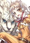  animal animal_ears bangs blunt_bangs blush bodysuit byakko_(xenoblade) cat_ears gloves gold_trim highres looking_at_viewer niyah short_hair silve silver_hair smile tiger white_gloves xenoblade_(series) xenoblade_2 yellow_eyes 