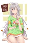  barefoot blush braid collarbone eating eyebrows_visible_through_hair food food_on_face gobi_(sobmobink) green_shirt grey_eyes grey_hair grin hair_between_eyes happy_birthday highres hoshi_shouko idolmaster idolmaster_cinderella_girls long_hair looking_at_viewer messy_hair miniskirt mont_blanc_(food) mushroom plate shirt side_braid single_bare_shoulder sitting skirt smile spoon very_long_hair wariza white_skirt wide_sleeves 