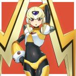  1girl android arm_over_head blonde_hair blush bodysuit border brown_eyes byte_(grunty-hag1) covered_navel cowboy_shot hand_behind_head hand_on_hip helmet medium_breast open_mouth oro_s outside_border robot_ears rockman rockman_xover shoulder_spikes simple_background skin_tight solo white_border 
