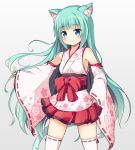  :3 animal_ears bangs bare_shoulders blue_eyes blush bow cat_ears character_request closed_mouth commentary_request cowboy_shot detached_sleeves eyebrows_visible_through_hair floral_print gradient gradient_background green_hair grey_background japanese_clothes kimono long_hair long_sleeves maplestory nekono_rin obi pink_kimono pleated_skirt print_kimono red_bow red_skirt ribbon-trimmed_legwear ribbon-trimmed_sleeves ribbon_trim sash short_kimono skirt sleeveless sleeveless_kimono sleeves_past_wrists smile solo thighhighs thighs very_long_hair white_legwear wide_sleeves zettai_ryouiki 