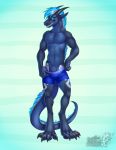  2018 animal_genitalia anthro blue_eyes blue_hair claws clothing digital_media_(artwork) dragon earthstorm fur furred_dragon hair hi_res horn looking_at_viewer male sheath simple_background smile solo tattoo teeth two_tone vallhund 