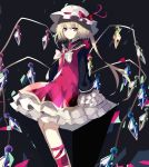  beckzawachi black_background blonde_hair bow bowtie commentary crystal dress flandre_scarlet frilled_dress frilled_sleeves frills hat hat_bow looking_at_viewer mob_cap red_bow red_eyes short_hair touhou white_bow 