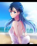  beach blue_eyes blue_hair blue_sky breasts closed_mouth cloud day dress hair_bun hat hat_removed headwear_removed hugtto!_precure letterboxed long_hair looking_at_viewer medium_breasts negom ocean outdoors precure sideboob sky smile solo white_dress white_hat yakushiji_saaya 