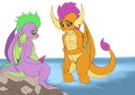  2018 animal_genitalia anthro beach blue_eyes blush dragon duo erection exelzior female friendship_is_magic green_eyes horn male membranous_wings my_little_pony nude outside penis pussy scalie seaside smolder_(mlp) spike_(mlp) tapering_penis water wings 