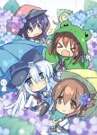  &gt;_&lt; akatsuki_(kantai_collection) anchor_symbol animal_hood black_hair black_legwear black_sailor_collar black_skirt blue_eyes brown_eyes brown_hair chibi closed_eyes commentary_request fang flat_cap flower folded_ponytail frog_hood hair_flower hair_ornament hat hibiki_(kantai_collection) highres hizuki_yayoi hood hydrangea ikazuchi_(kantai_collection) inazuma_(kantai_collection) kantai_collection long_hair looking_at_viewer multiple_girls neckerchief open_mouth pleated_skirt purple_eyes rain raincoat sailor_collar school_uniform serafuku short_hair silver_hair skirt smile snail teruterubouzu thighhighs umbrella 