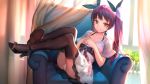  bangs black_legwear brown_eyes collarbone couch curtains dress high_heels highres indoors kamisakai long_hair looking_at_viewer lying original panties pantyshot pantyshot_(lying) purple_hair smile solo thighhighs twintails underwear white_dress window 