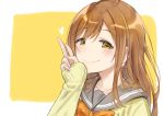  bangs bow bowtie brown_hair cardigan commentary_request eyebrows_visible_through_hair followers hand_on_own_face hand_up heart kotori_asobu kunikida_hanamaru light_blush long_hair looking_at_viewer love_live! love_live!_sunshine!! orange_neckwear school_uniform serafuku sketch sleeves_past_wrists smile solo upper_body uranohoshi_school_uniform v yellow_background yellow_cardigan yellow_eyes 