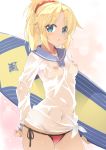  :o bangs bikini_bottom blonde_hair blue_eyes blue_sailor_collar blush braid breasts carrying_under_arm commentary_request covered_navel covered_nipples eyebrows_visible_through_hair fate/apocrypha fate/grand_order fate_(series) groin hair_ornament hair_scrunchie long_hair long_sleeves looking_at_viewer medium_breasts mordred_(fate)_(all) mordred_(swimsuit_rider)_(fate) navel nipples parted_bangs prydwen red_bikini_bottom red_scrunchie sailor_collar sasakura scrunchie see-through shirt sidelocks solo surfboard tan tanline wet wet_clothes wet_shirt white_shirt 