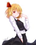  ;p baileys_(tranquillity650) black_skirt blonde_hair eyebrows_visible_through_hair hair_ribbon highres long_hair long_sleeves looking_at_viewer one_eye_closed red_eyes red_ribbon ribbon rumia short_hair signature simple_background skirt slit_pupils solo tongue tongue_out touhou white_background 