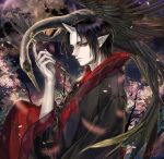  akgi bird black_hair commentary_request flower green_eyes holding holding_pipe hoozuki_(hoozuki_no_reitetsu) hoozuki_no_reitetsu horn japanese_clothes looking_at_viewer male_focus oni_horn outdoors parted_lips pink_flower pipe red_string solo string wings 