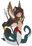  1girl ano5102 black_hair blue_eyes braid facial_mark female flat_chest full_body head_wings lamia low-tied_long_hair midriff monster_girl native_american navel original shawl simple_background slit_pupils solo spear tribal weapon white_background 